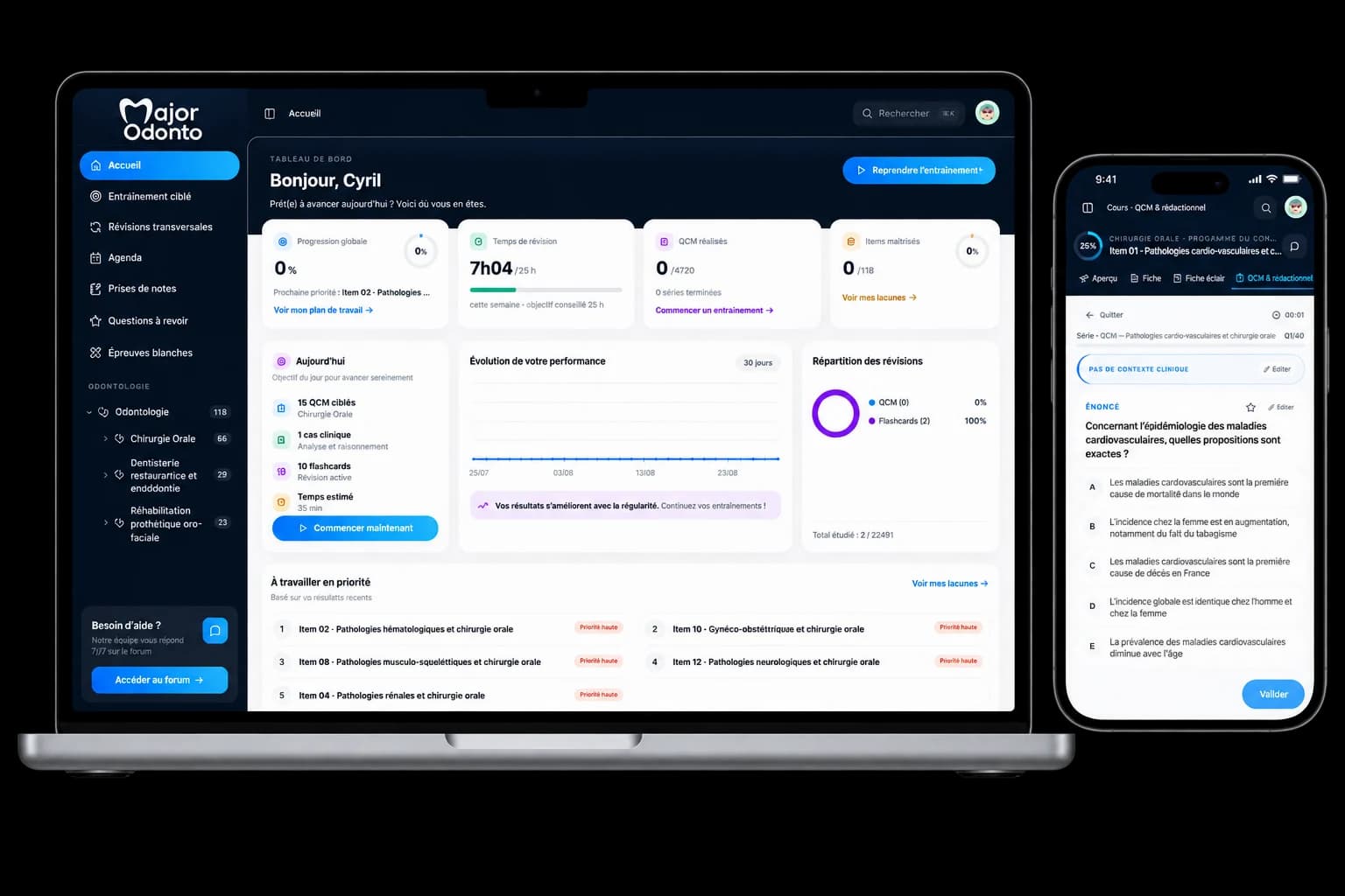 La plateforme Major Odonto sur ordinateur et sur téléphone : tableau de bord avec la progression globale, le temps de révision et les priorités du jour, et une série de questions rédactionnelles en cours sur mobile.