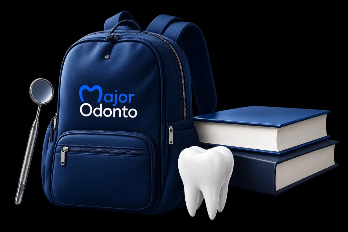 Sac à dos Major Odonto, deux ouvrages, un miroir dentaire et une dent en céramique.
