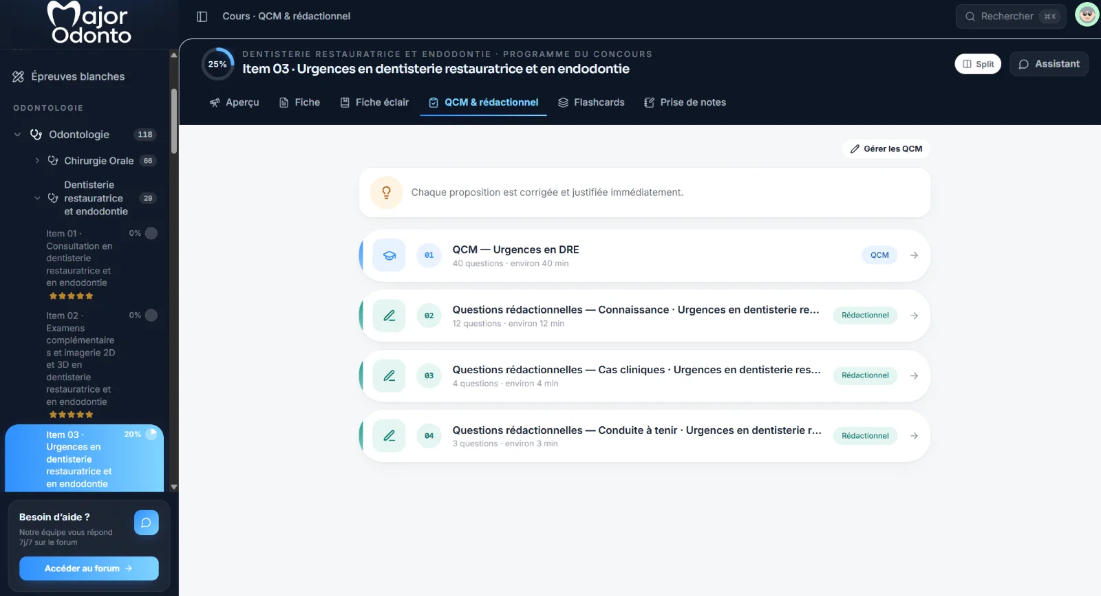 Les séries d'entraînement d'un item : QCM et questions rédactionnelles, chacune avec sa durée.